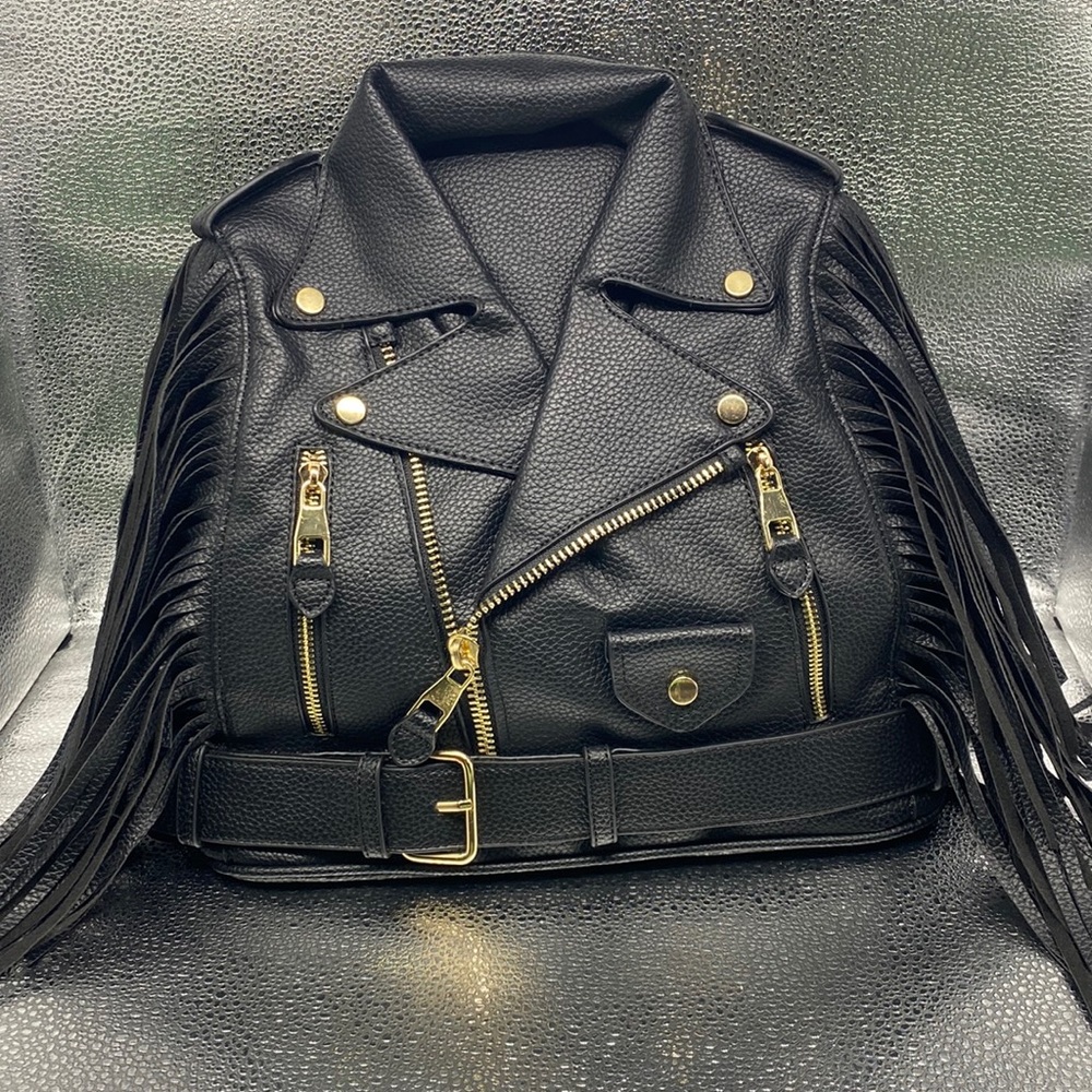 NWT Black Vegan Leather Le Miel Fringe Biker Jacket Crossbody | Backpack